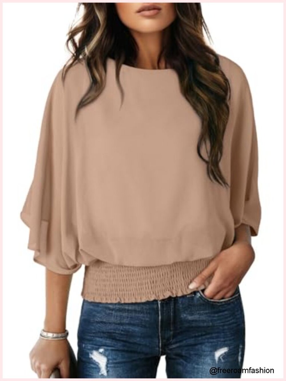Women's Flowey Chiffon Blouse Boat Neck 3/4 Sleeve Poncho Top
